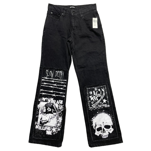 Hot Topic Black Denim Jeans 28x32 Skull Graphic Punk Goth Grunge Wide Leg NWT - Picture 1 of 11